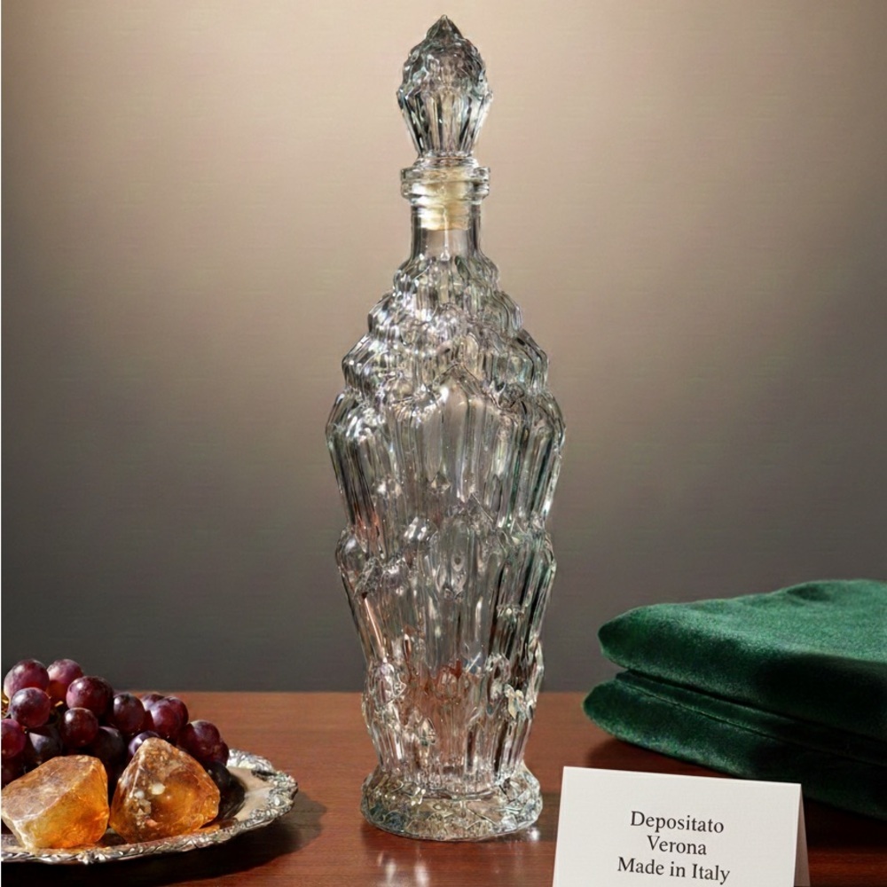 VINTAGE ITALIAN V.A.M. Faceted Clear Glass Decanter Verona Depositato